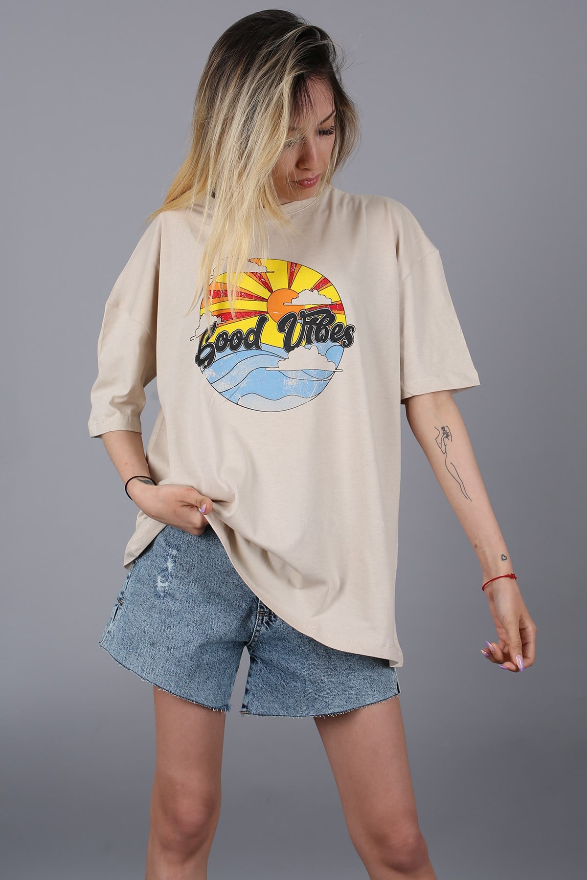 Mad Girls Bej Baskılı Tişört Mg1148