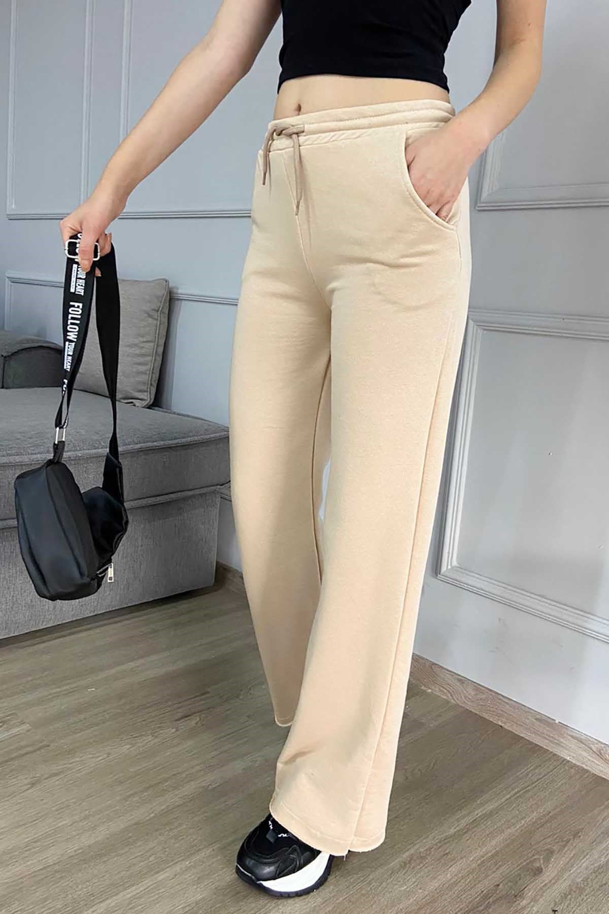 Mad Girls Beige Wide Cut Women Sweatpants MG794