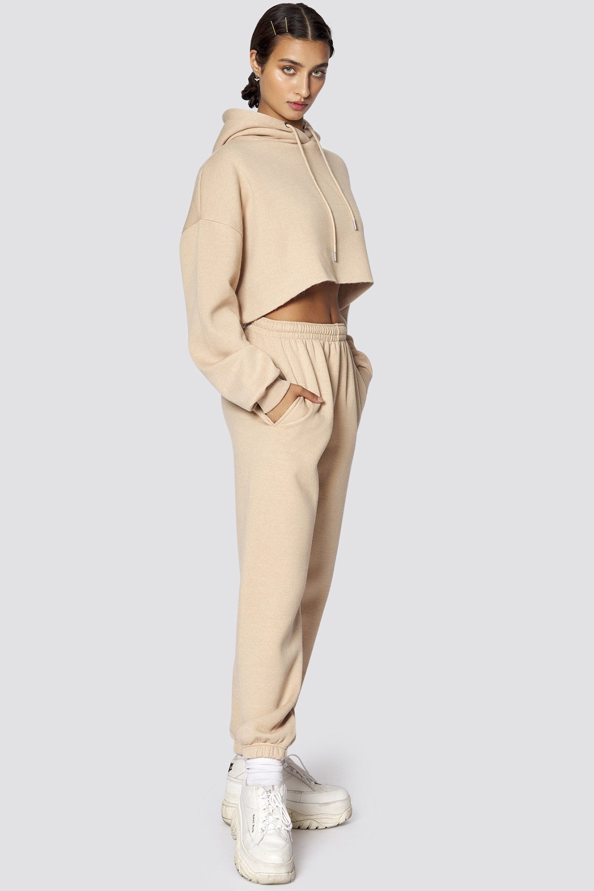 Mad Girls Beige Hooded Women Tracksuit Set MG467