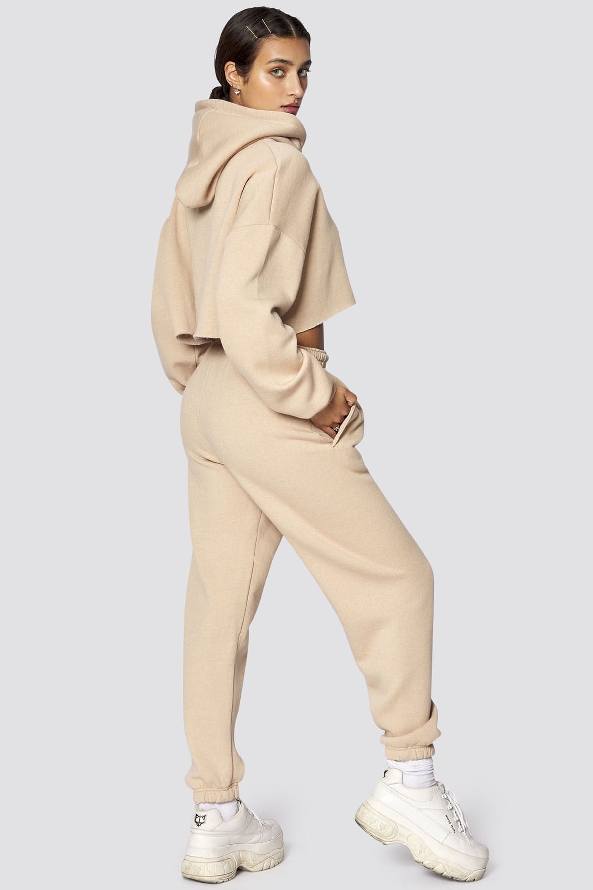 Mad Girls Beige Hooded Women Tracksuit Set MG467
