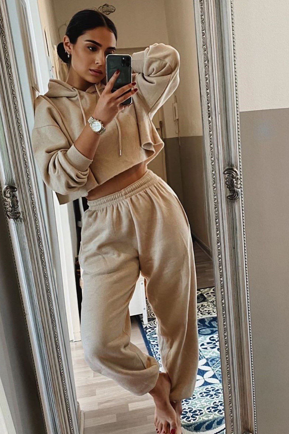 Mad Girls Beige Hooded Women Tracksuit Set MG467