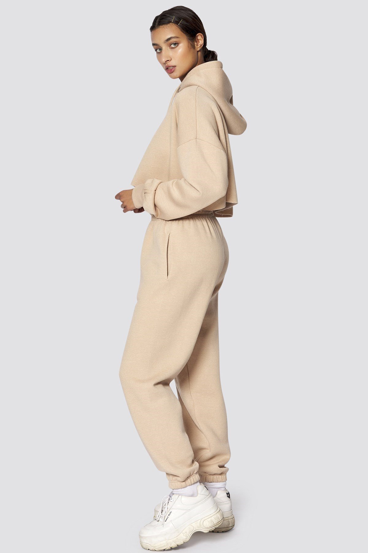 Mad Girls Beige Hooded Women Tracksuit Set MG467
