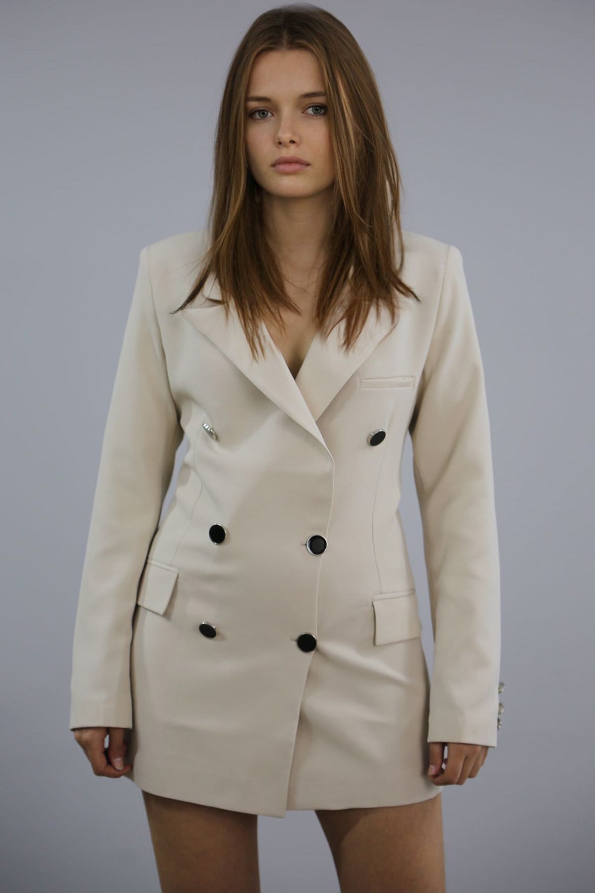 Mad Girls Bej Kruvaze Blazer Ceket Mg1085