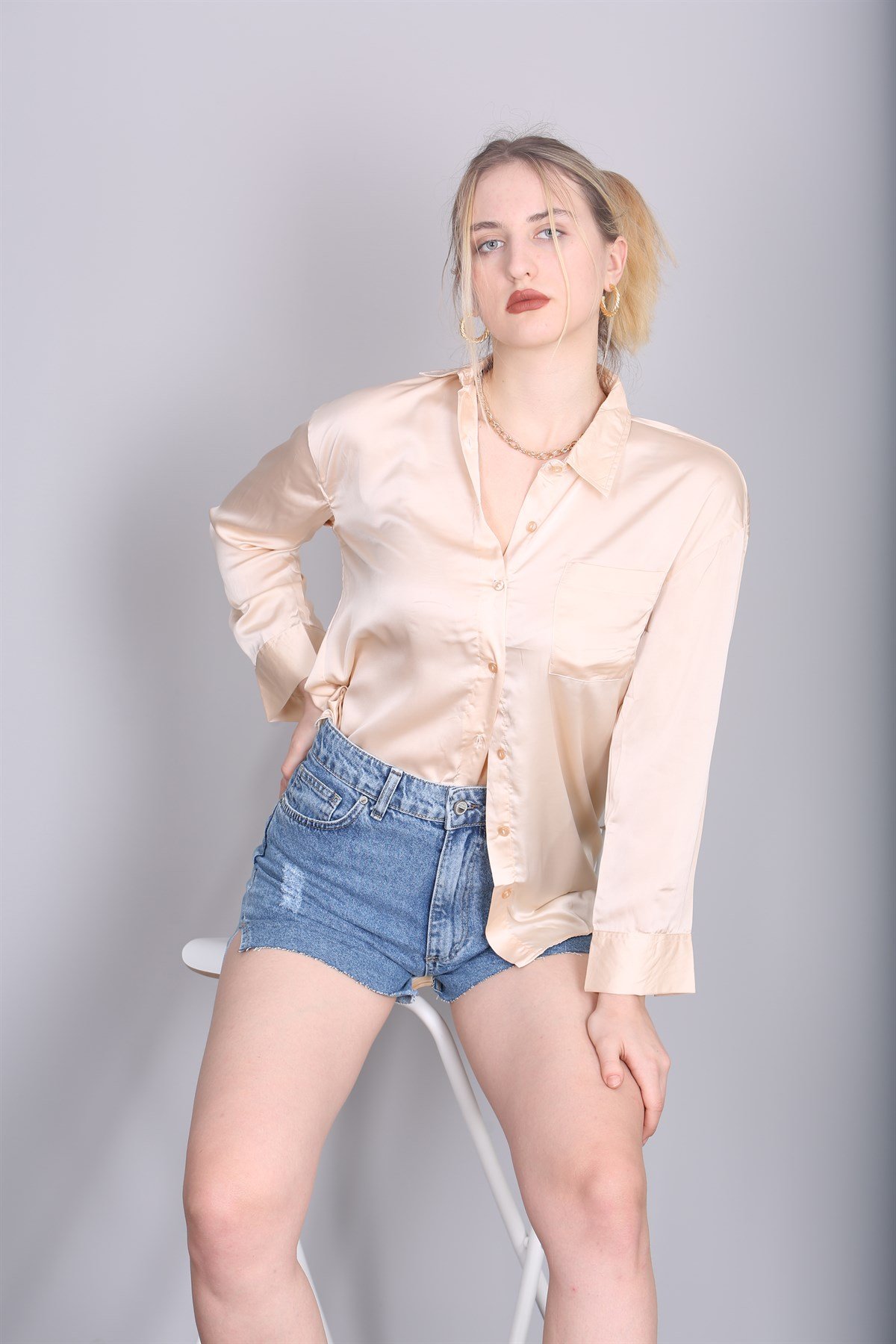 Mad Girls Beige Satin Shirt MG1104
