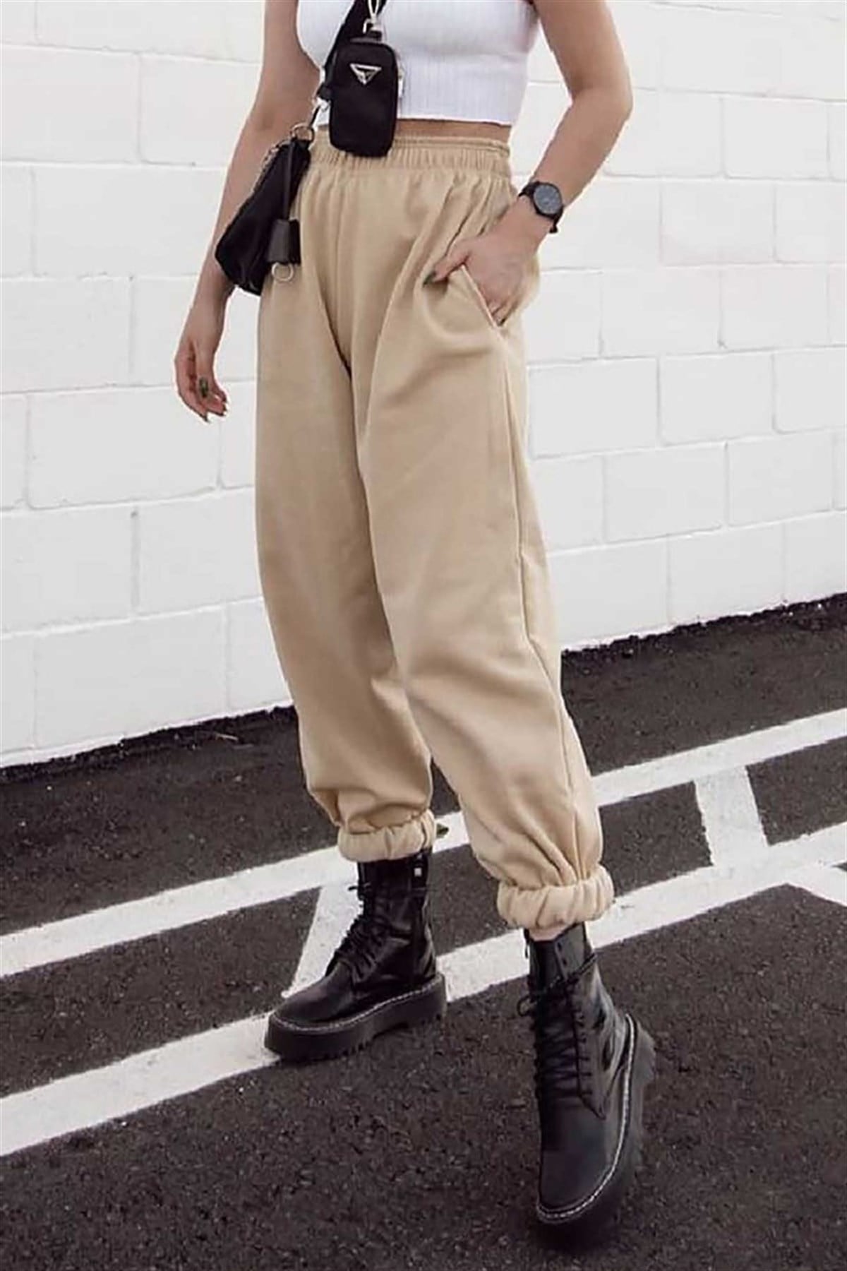 Mad Girls Camel Paça Lastikli Oversize Kadın Eşofman MG324