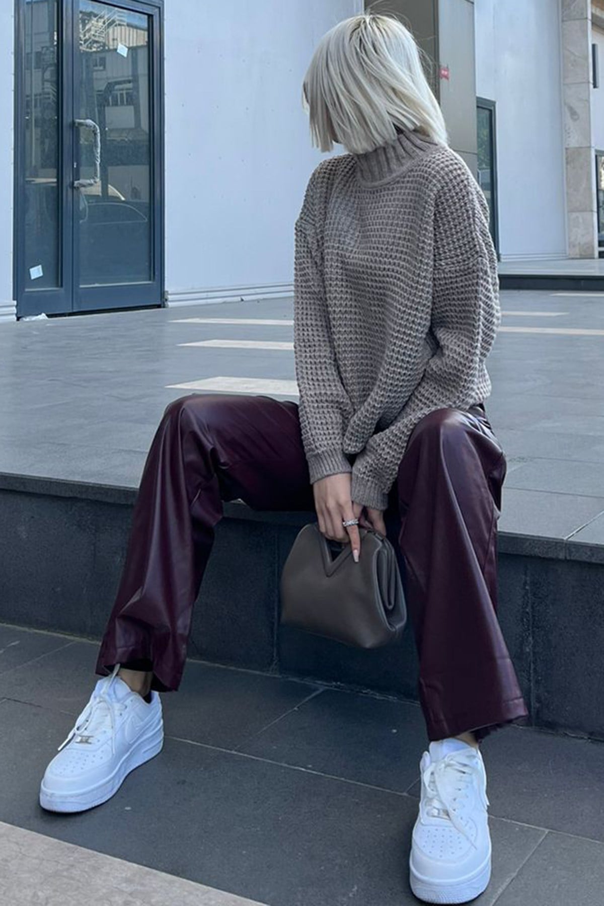 Mad Girls Füme Balıkçı Yaka Örme Kadın Kazak MG735