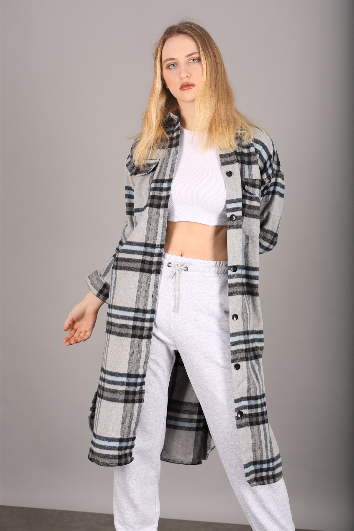 Mad Girls Gray Plaid Coat MG1234
