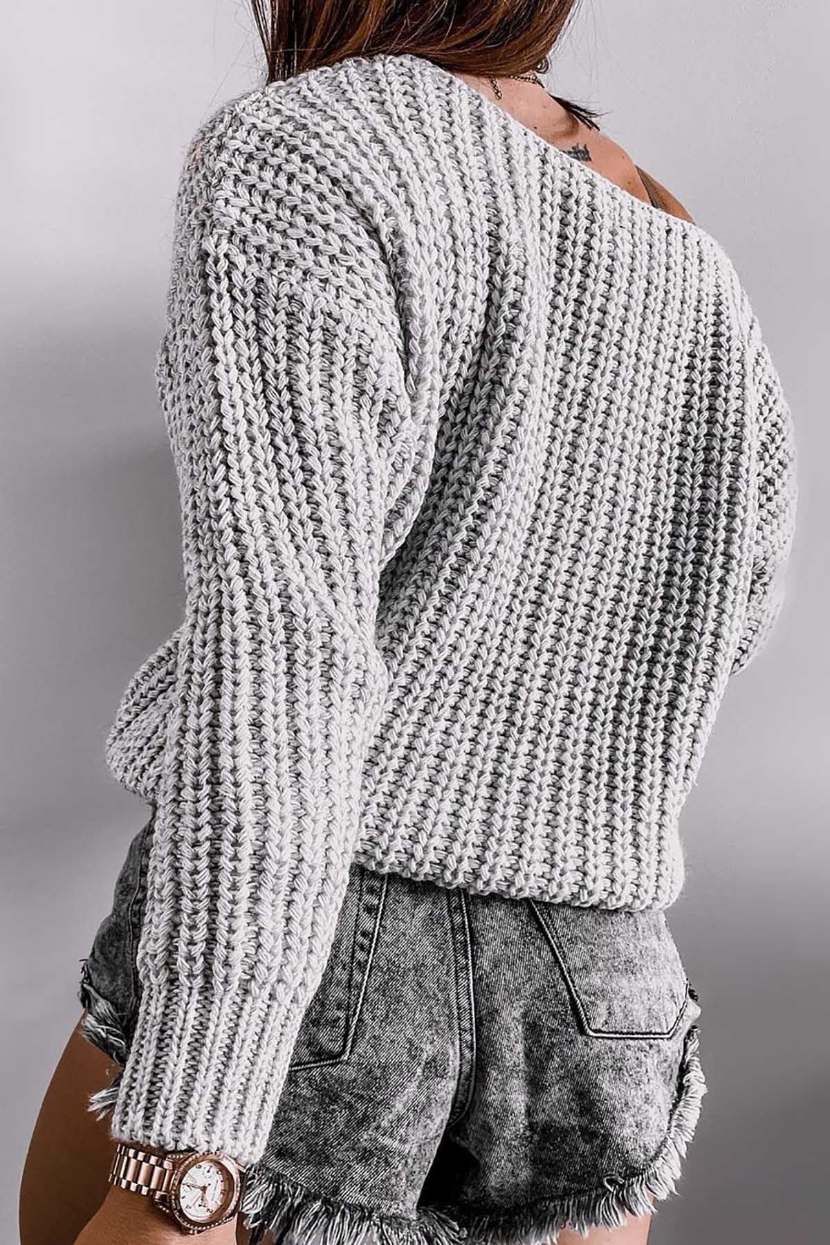 Mad Girls Gri V Yaka Oversize Kadın Kazak MG763