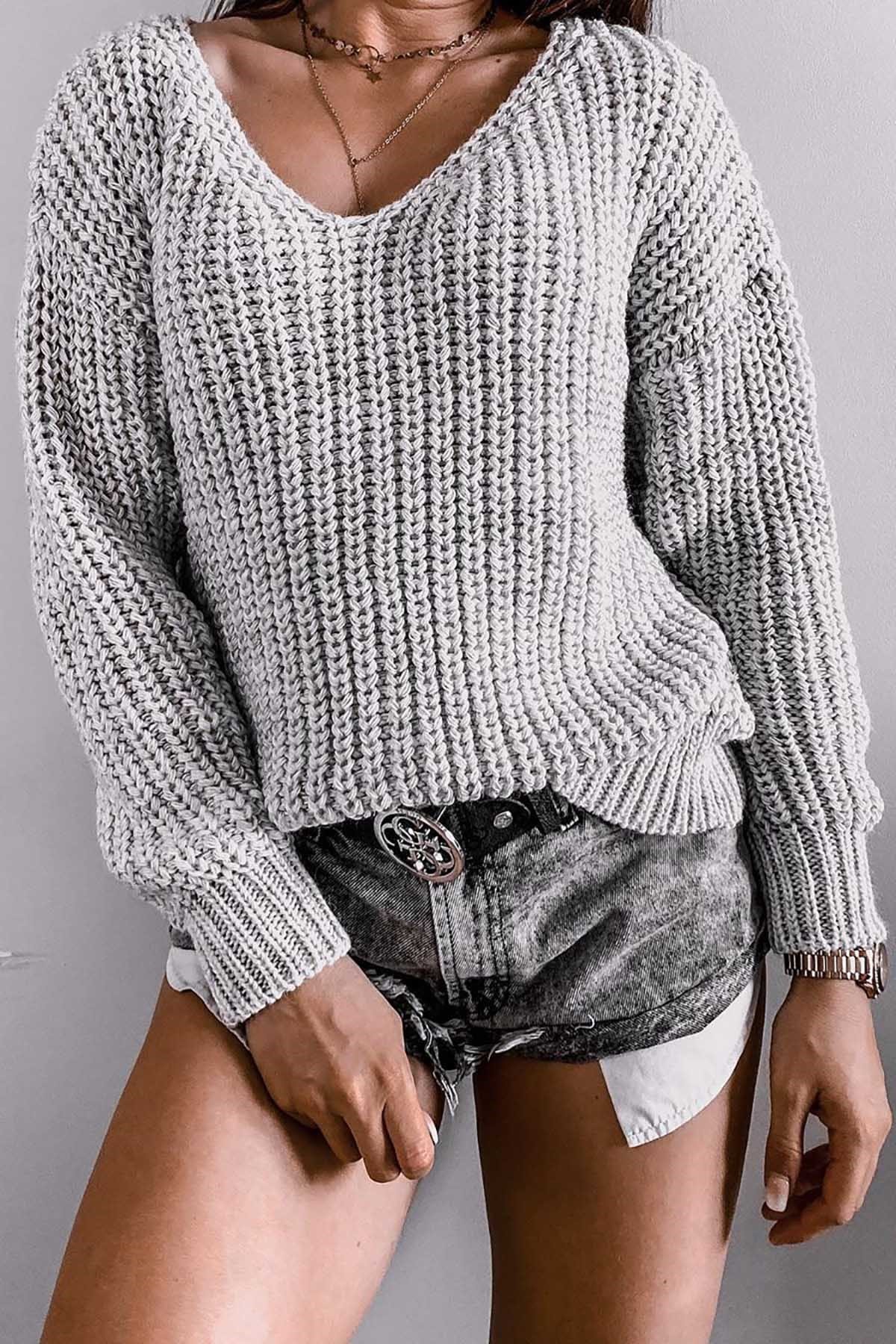 Mad Girls Gri V Yaka Oversize Kadın Kazak MG763
