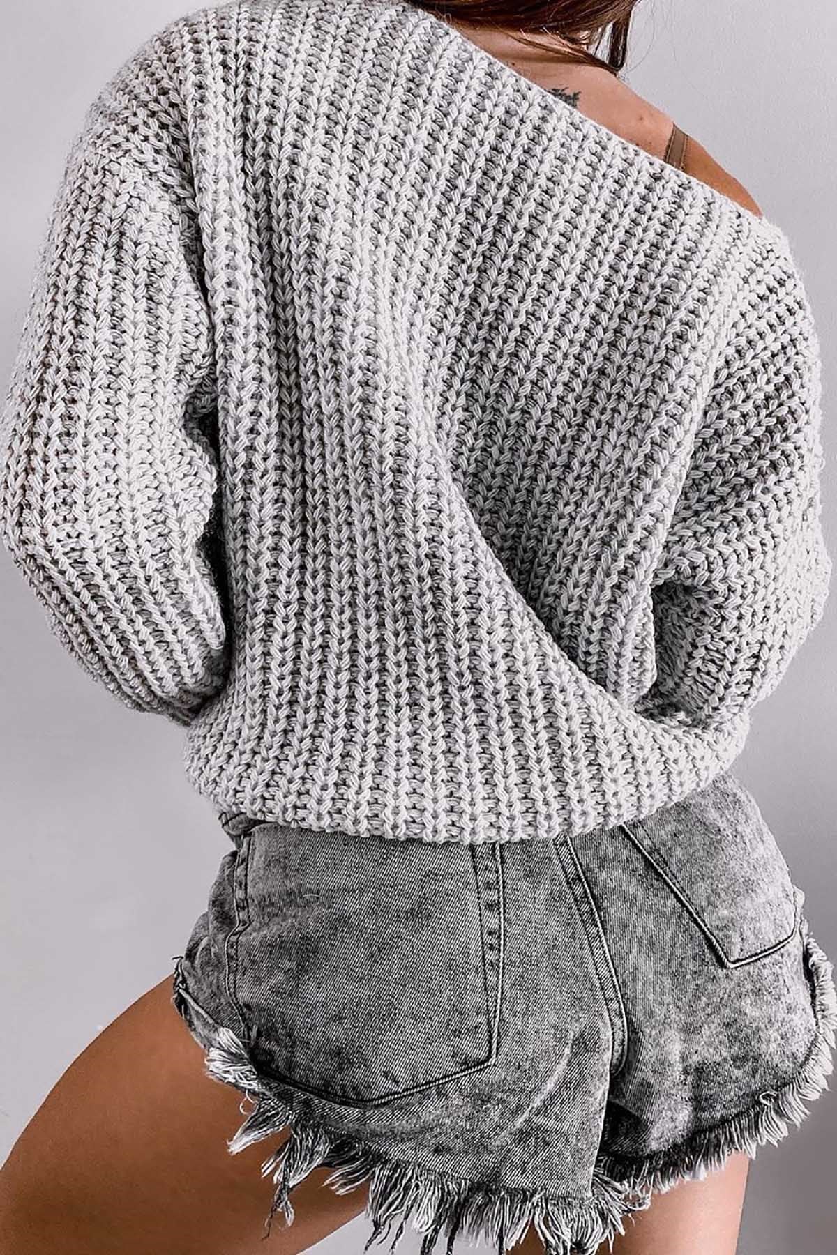 Mad Girls Gri V Yaka Oversize Kadın Kazak MG763