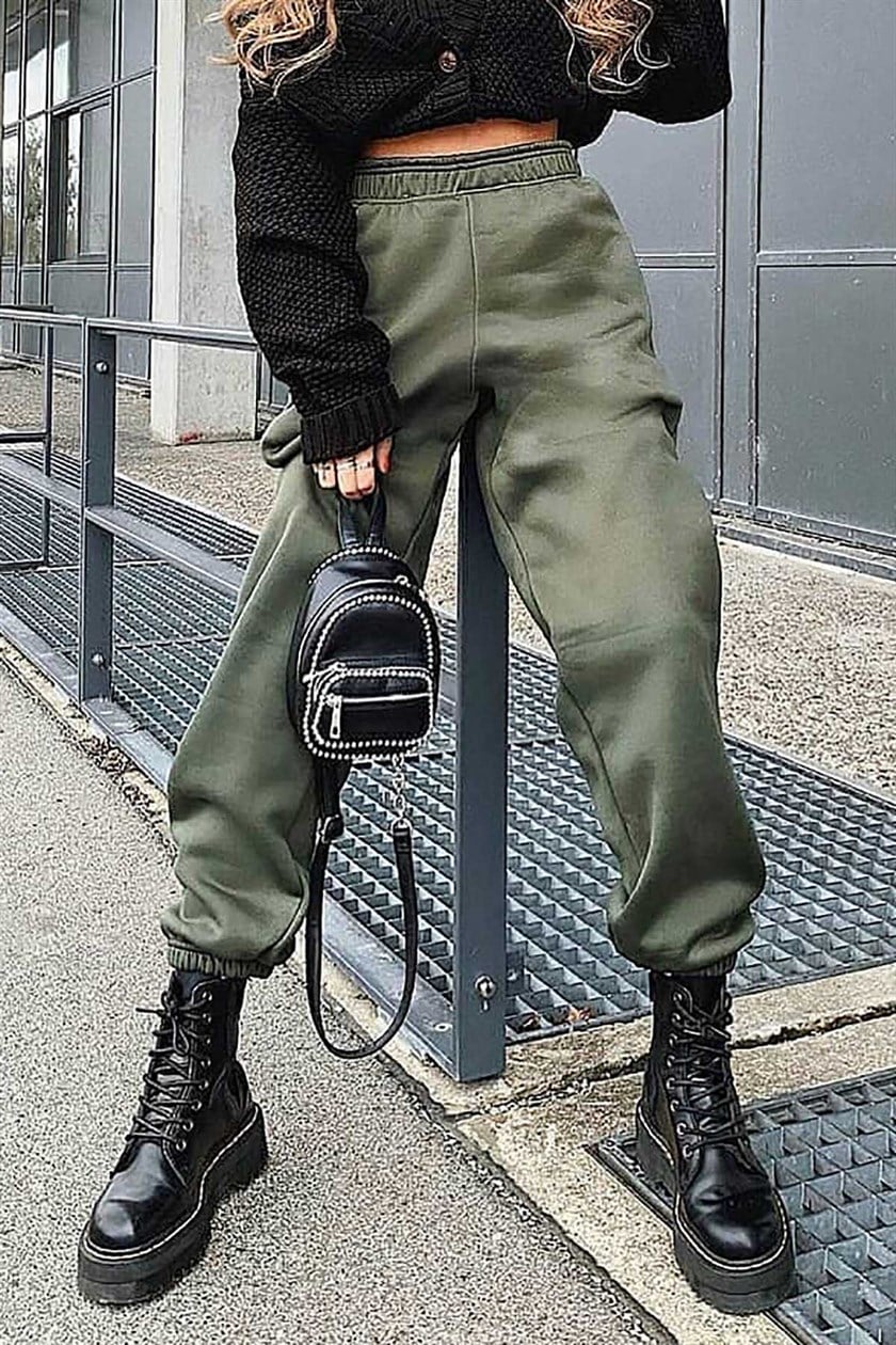 Mad Girls Haki Paça Lastikli Oversize Kadın Eşofman MG324