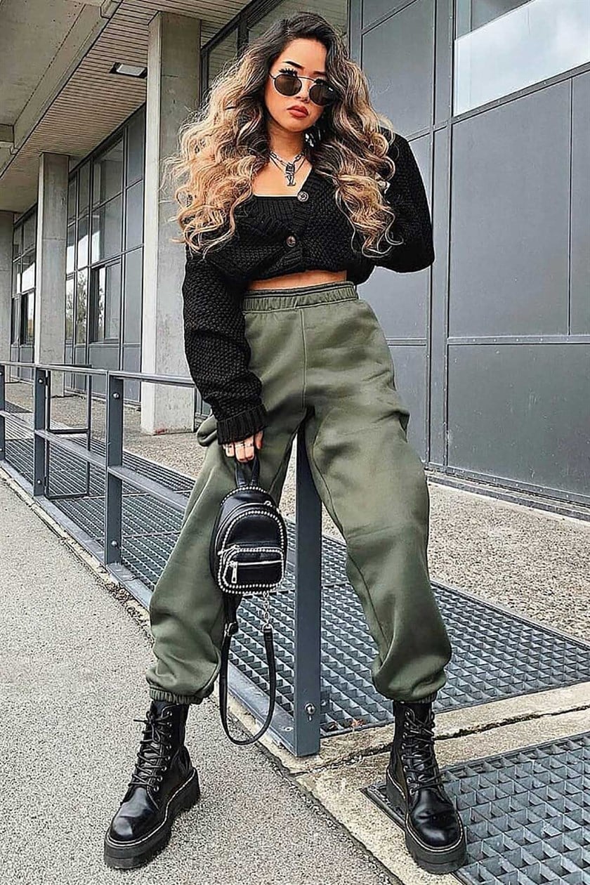 Mad Girls Haki Paça Lastikli Oversize Kadın Eşofman MG324