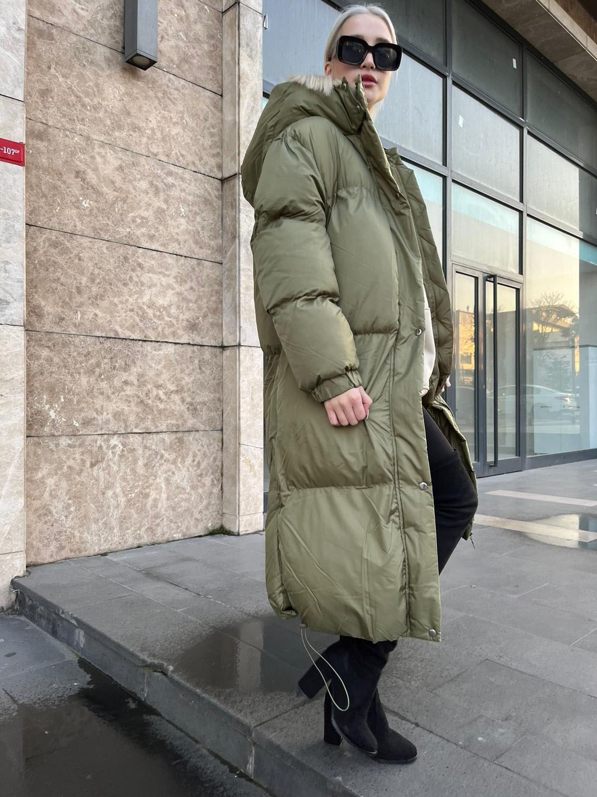 Mad Girls Haki Uzun Şişme Mont MG1303