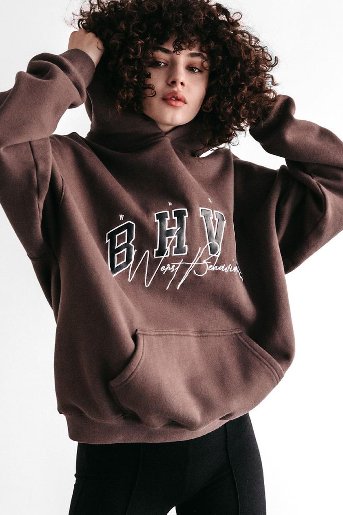 Mad Girls Kahverengi Nakışlı Kapüşonlu Sweatshirt MG812