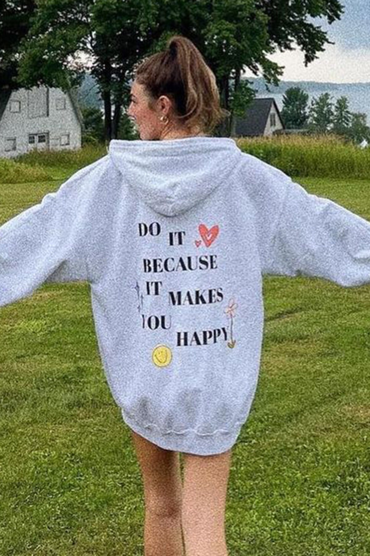 Mad Girls Gri Kapüşonlu Sırt Baskılı Sweatshirt MG1195