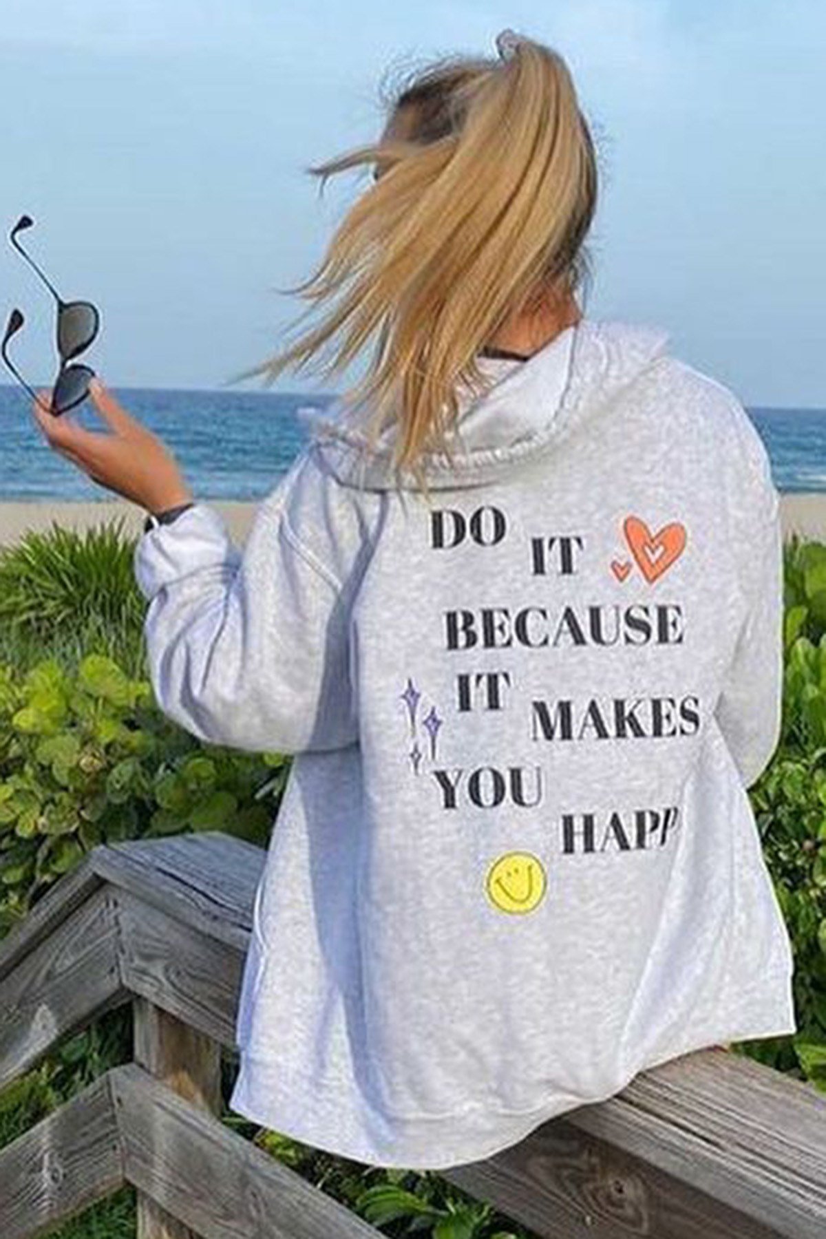 Mad Girls Gri Kapüşonlu Sırt Baskılı Sweatshirt MG1195