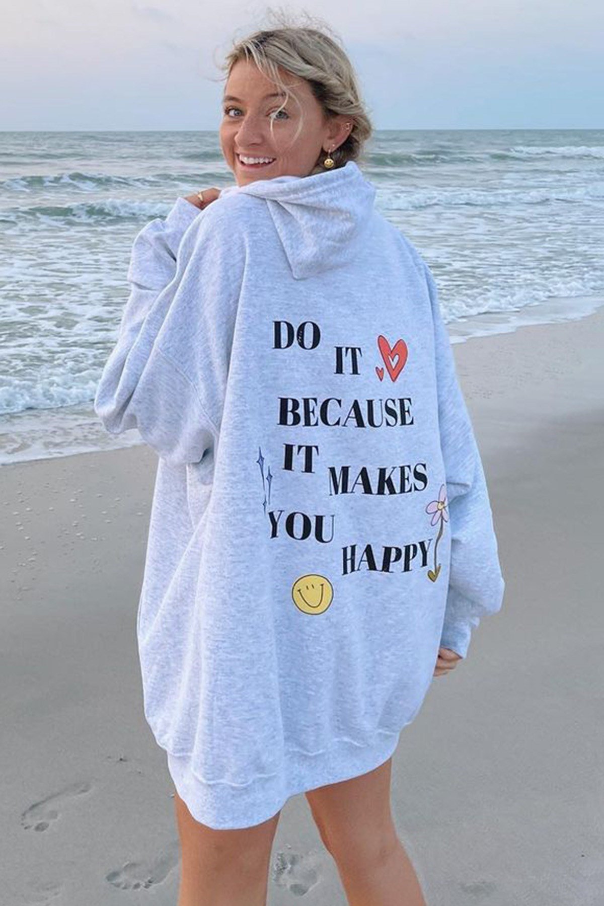 Mad Girls Gri Kapüşonlu Sırt Baskılı Sweatshirt MG1195