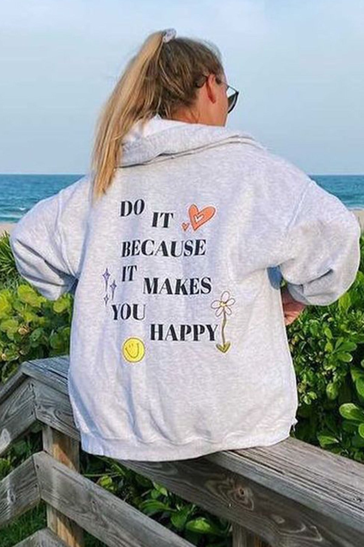 Mad Girls Gri Kapüşonlu Sırt Baskılı Sweatshirt MG1195