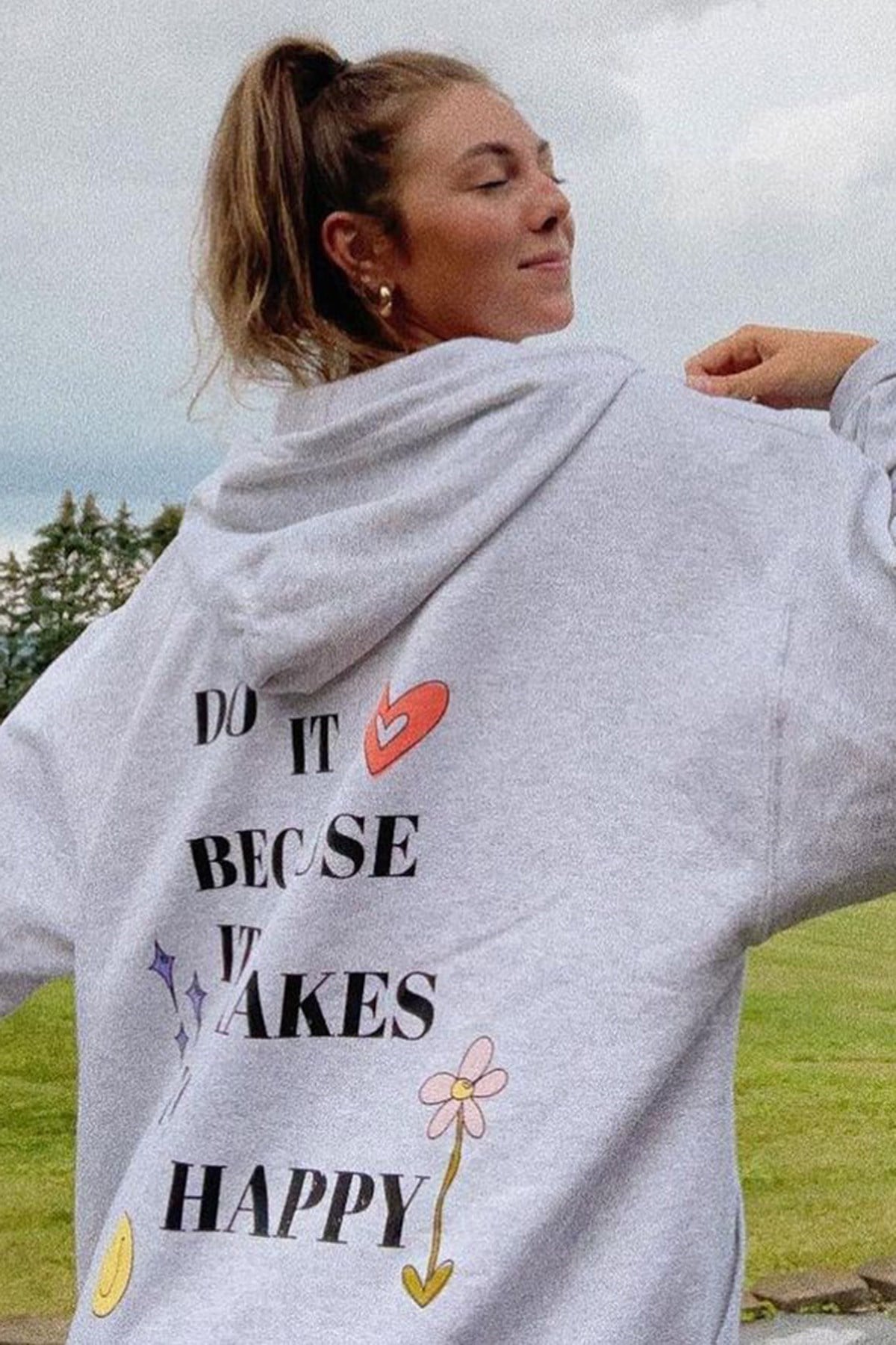 Mad Girls Gri Kapüşonlu Sırt Baskılı Sweatshirt MG1195