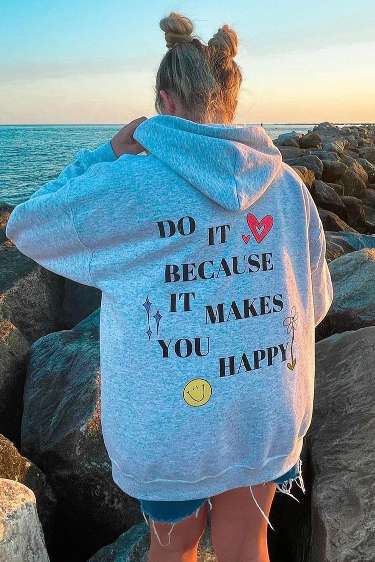 Mad Girls Gri Kapüşonlu Sırt Baskılı Sweatshirt MG1195