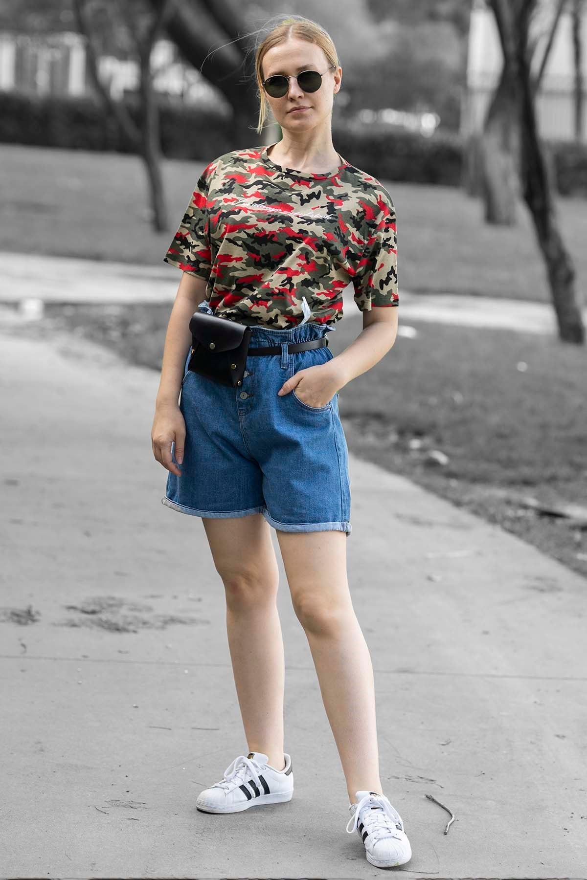 Mad Girls Red Printed Camouflage T-shirt MG457