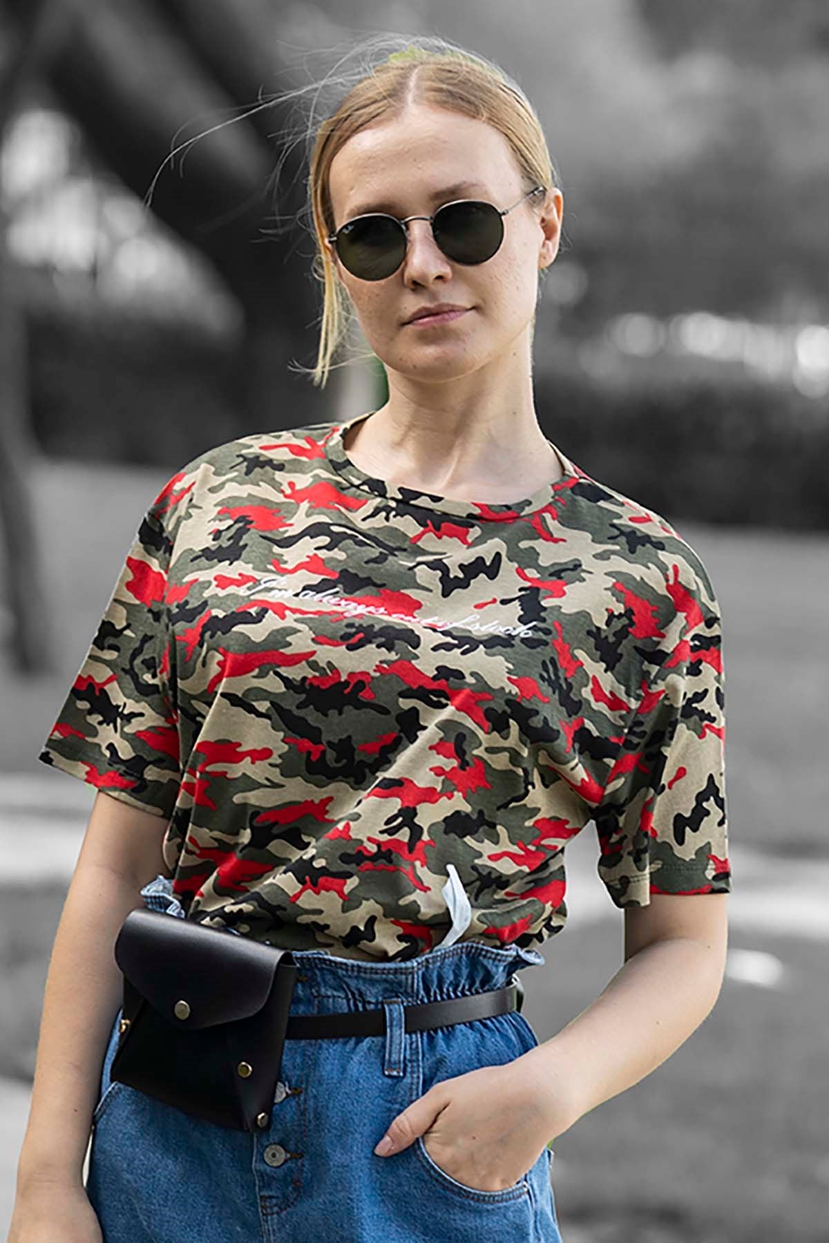 Mad Girls Red Printed Camouflage T-shirt MG457