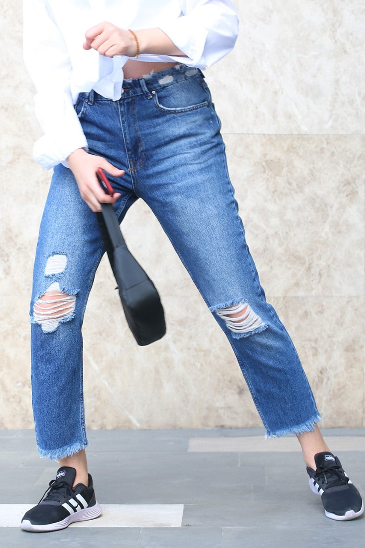 Mad Girls Koyu Mavi Yırtık Mom Jean MG1167