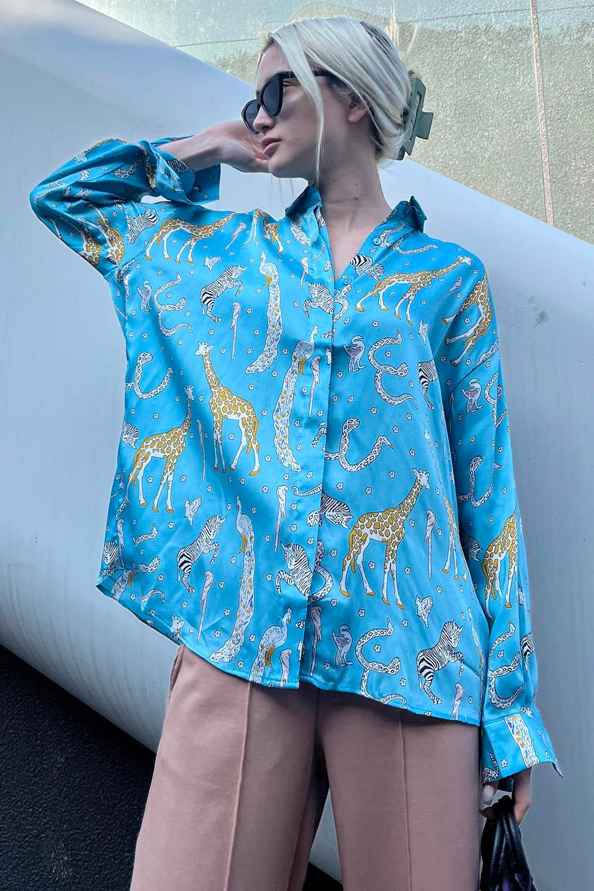 Mad Girls Leoparlı Turkuaz Saten Gömlek MG187