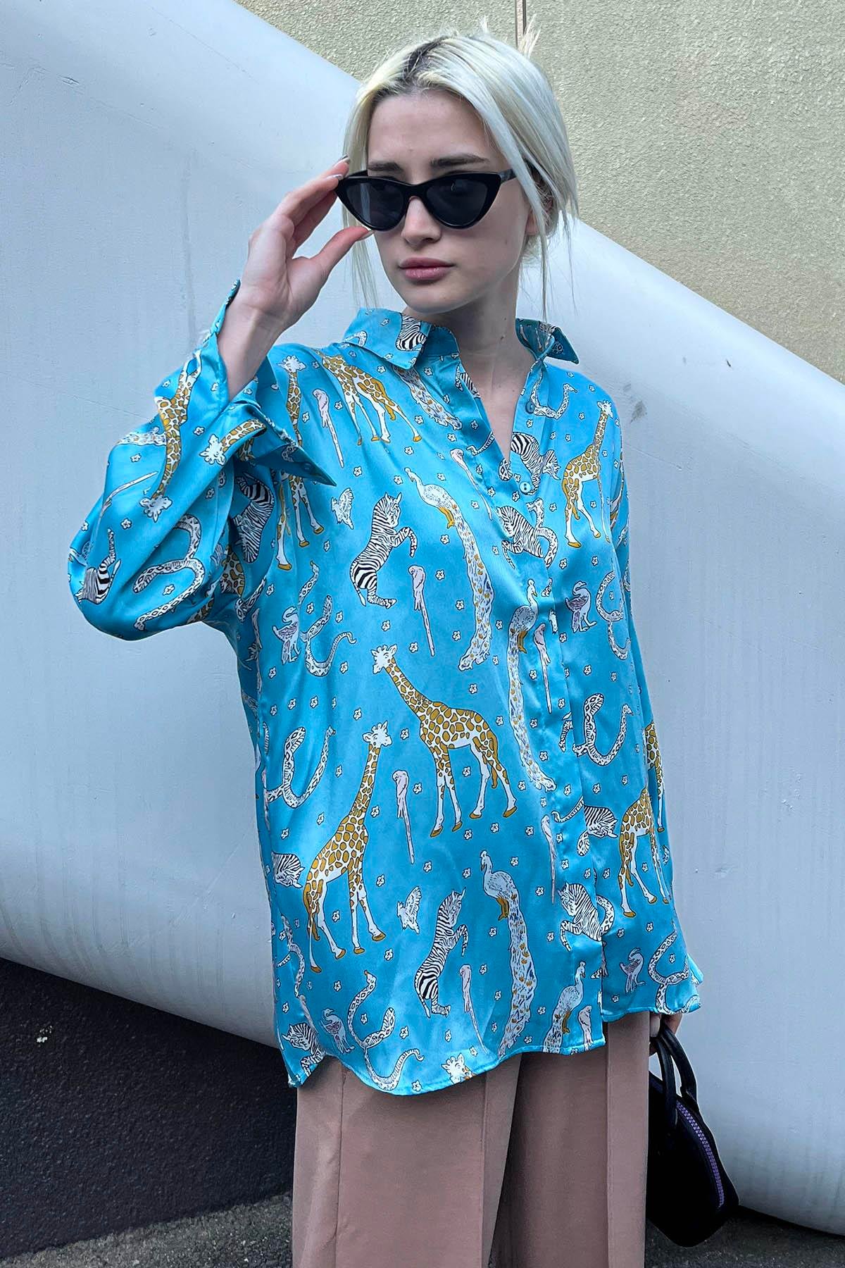 Mad Girls Leoparlı Turkuaz Saten Gömlek MG187