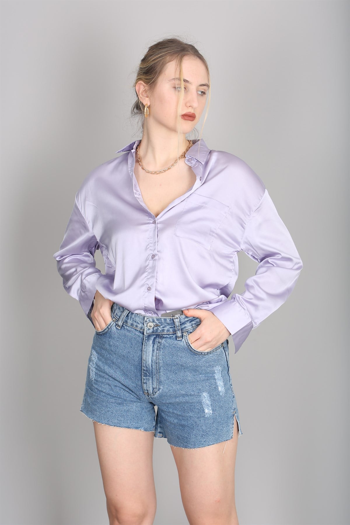 Mad Girls Lilac Satin Shirt MG1104