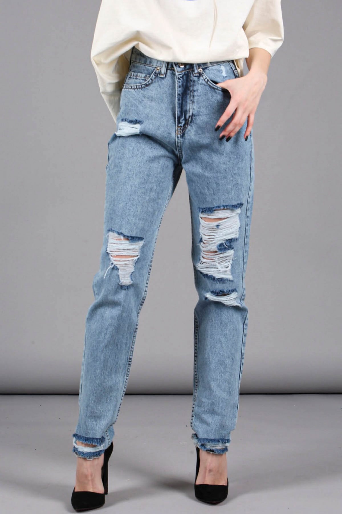 Mad Girls Ripped Blue Jeans Mom Wear MG1163