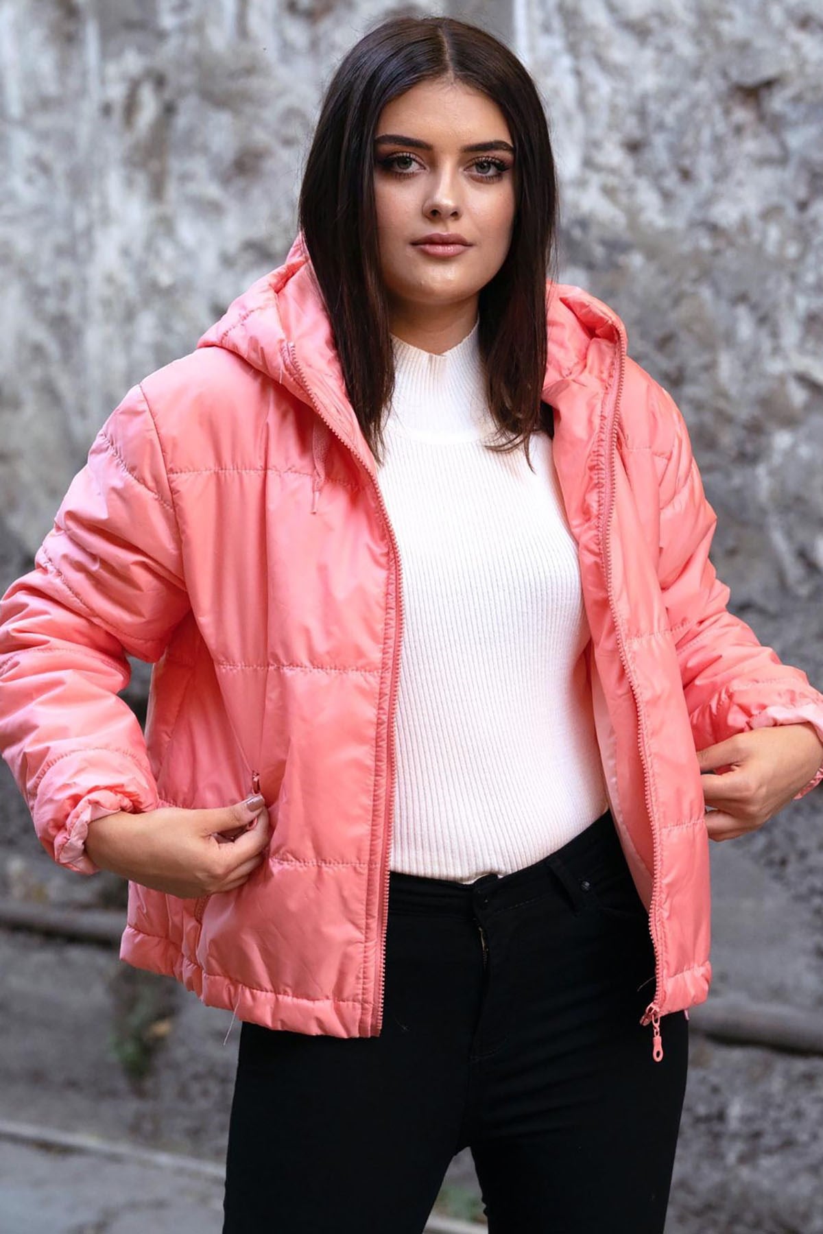 Mad Girls Pink Hooded Zip-Down Women Jacket MG712