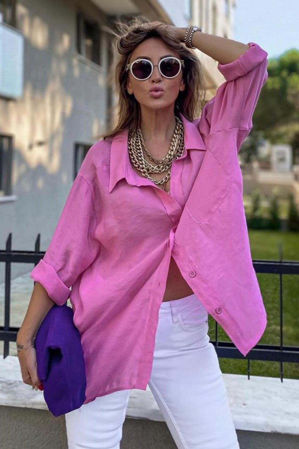 Mad Girls Pembe Oversize Gömlek MG1365