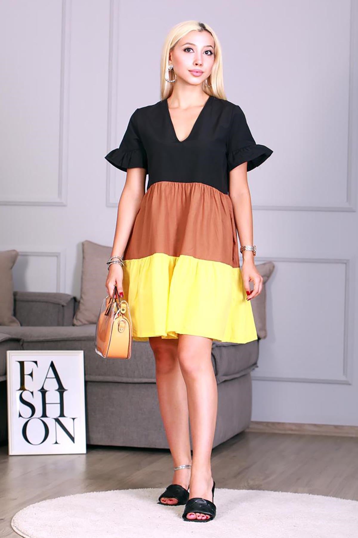 Mad Girls Yellow Three-Tone V-Neck Mini Dress MG636