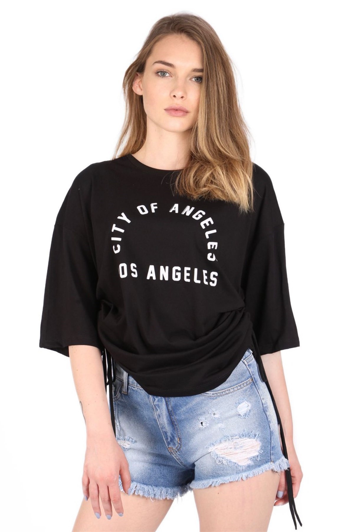 Mad Girls Siyah Büzgülü Tişört Mg1142