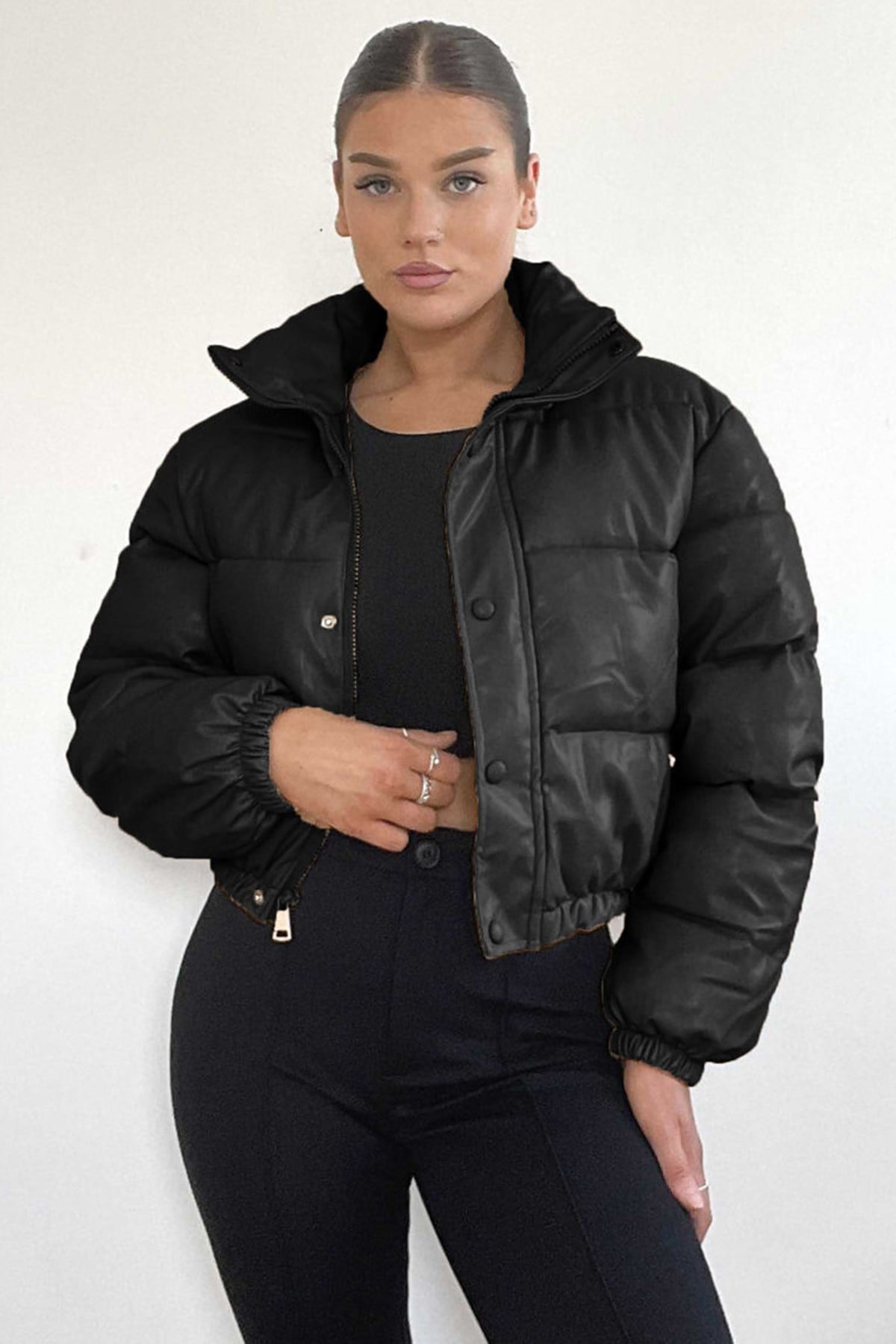 Mad Girls Siyah Kadın Crop Deri Mont MG1380
