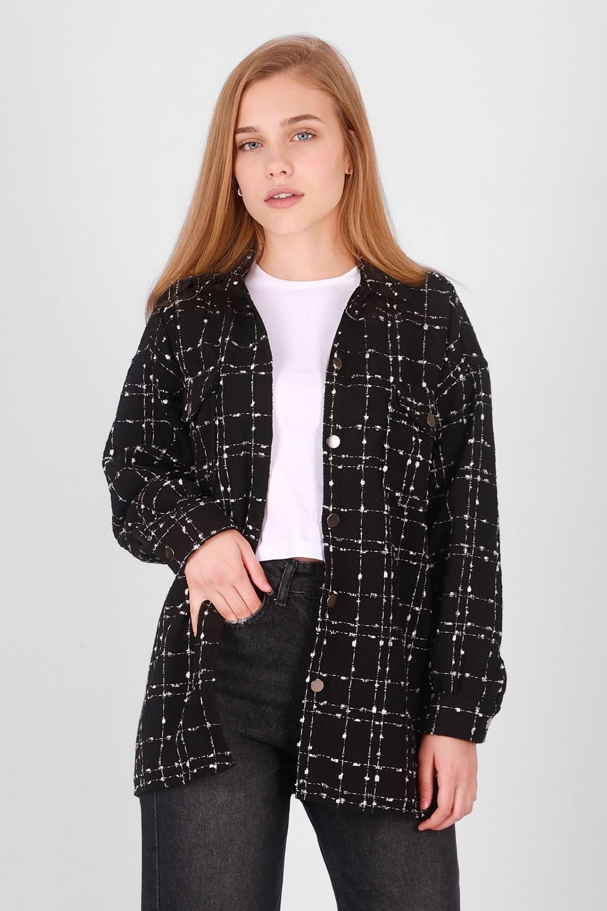 Mad Girls Siyah Kadın Ekose Ceket Gömlek MG1257