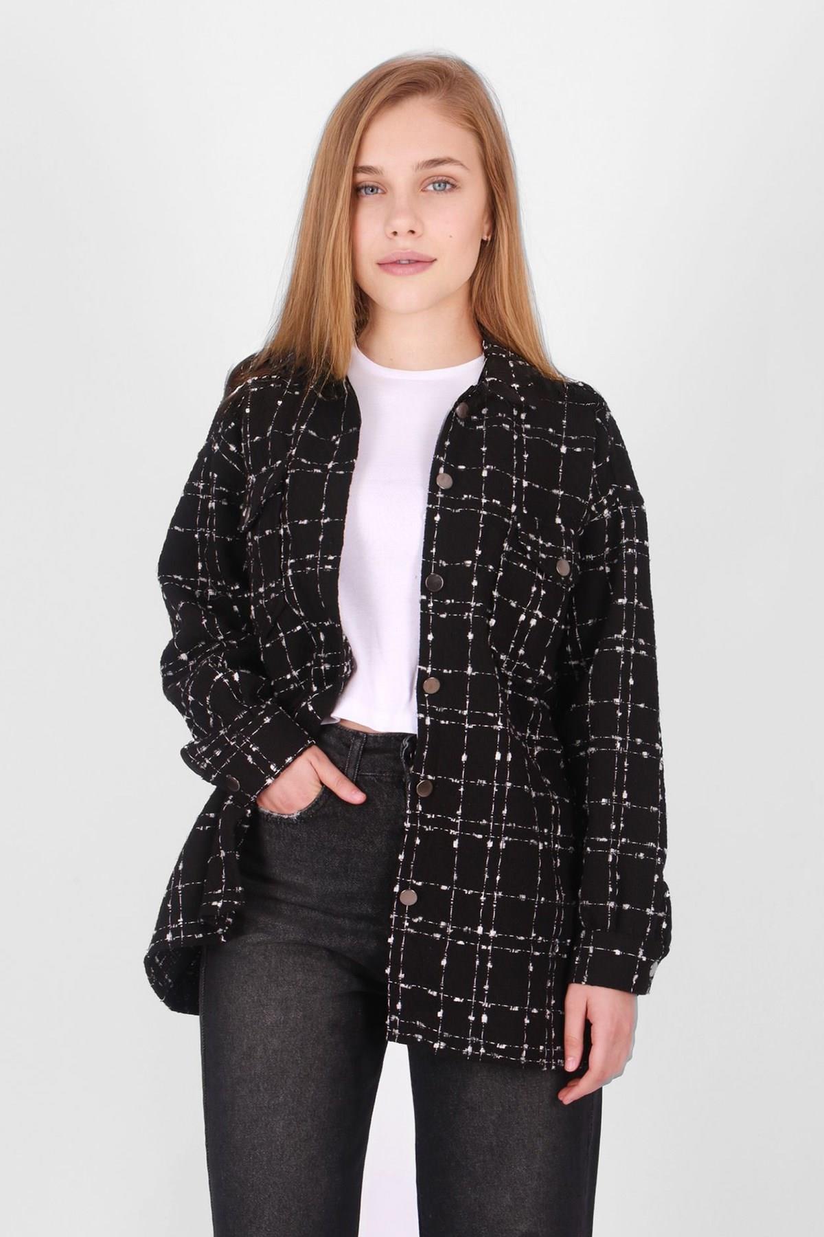 Mad Girls Siyah Kadın Ekose Ceket Gömlek MG1257