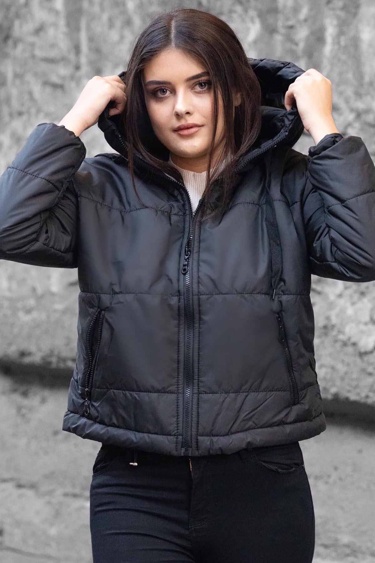 Mad Girls Black Hooded Zip-Down Women Jacket MG712