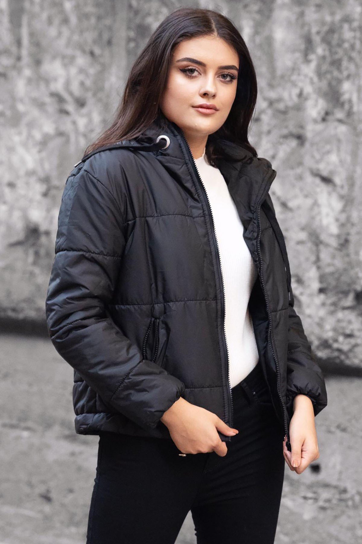 Mad Girls Black Hooded Zip-Down Women Jacket MG712