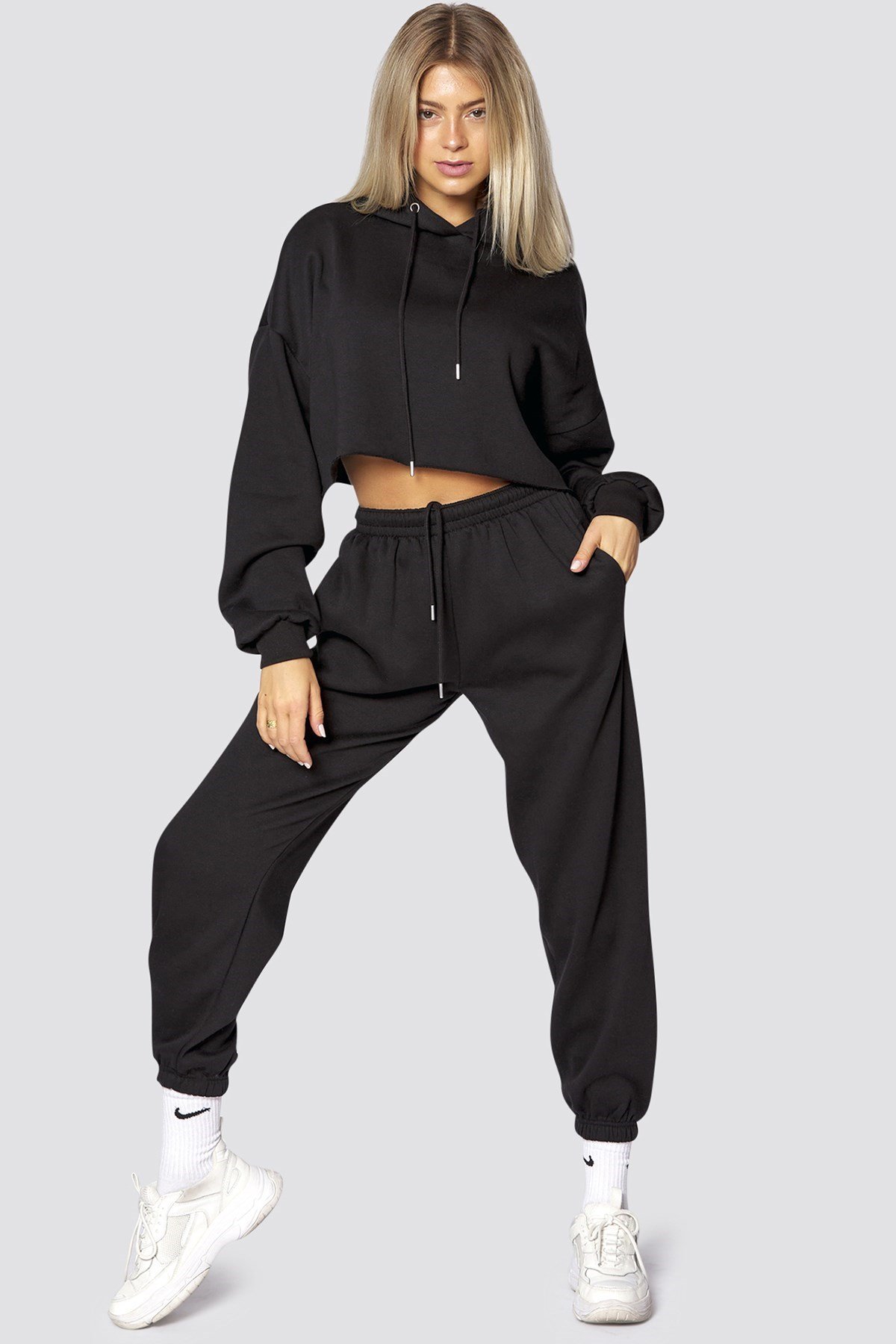 Mad Girls Black Hooded Women Tracksuit Set MG467