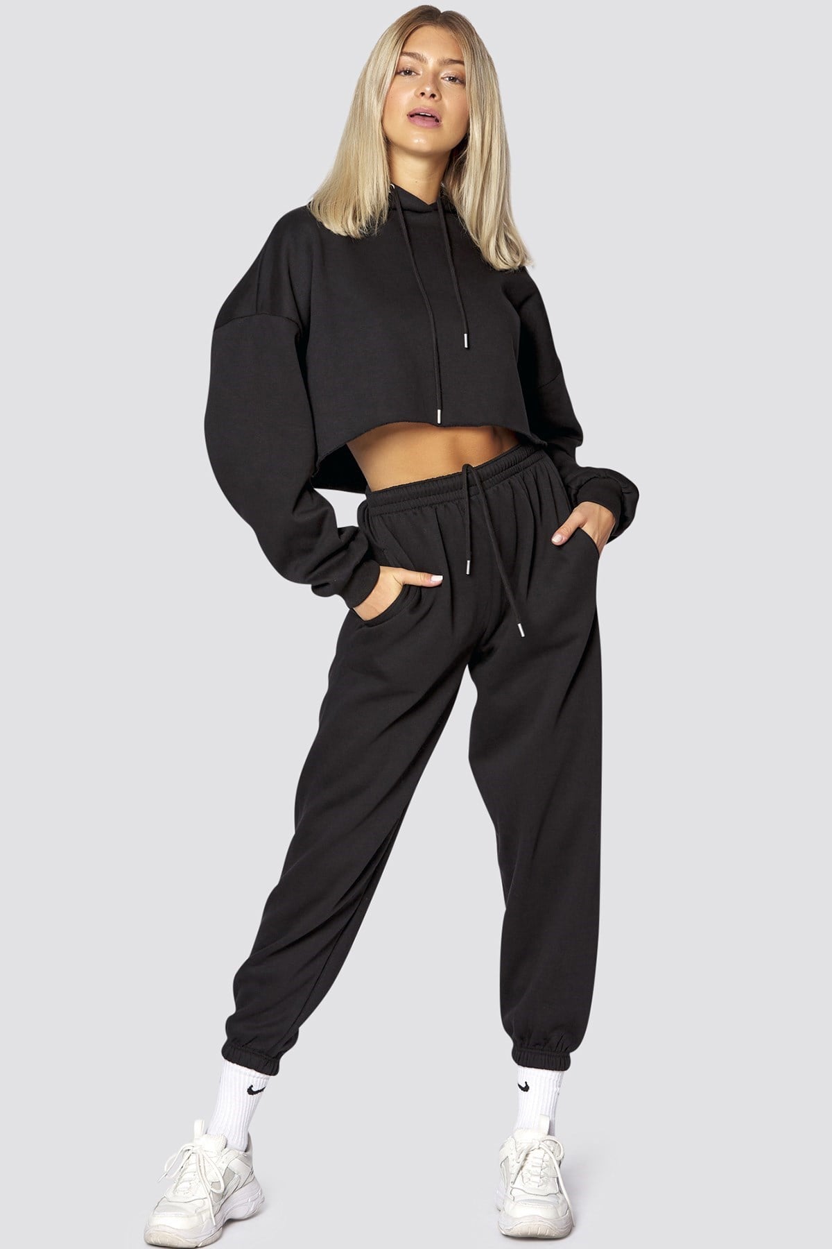 Mad Girls Black Hooded Women Tracksuit Set MG467