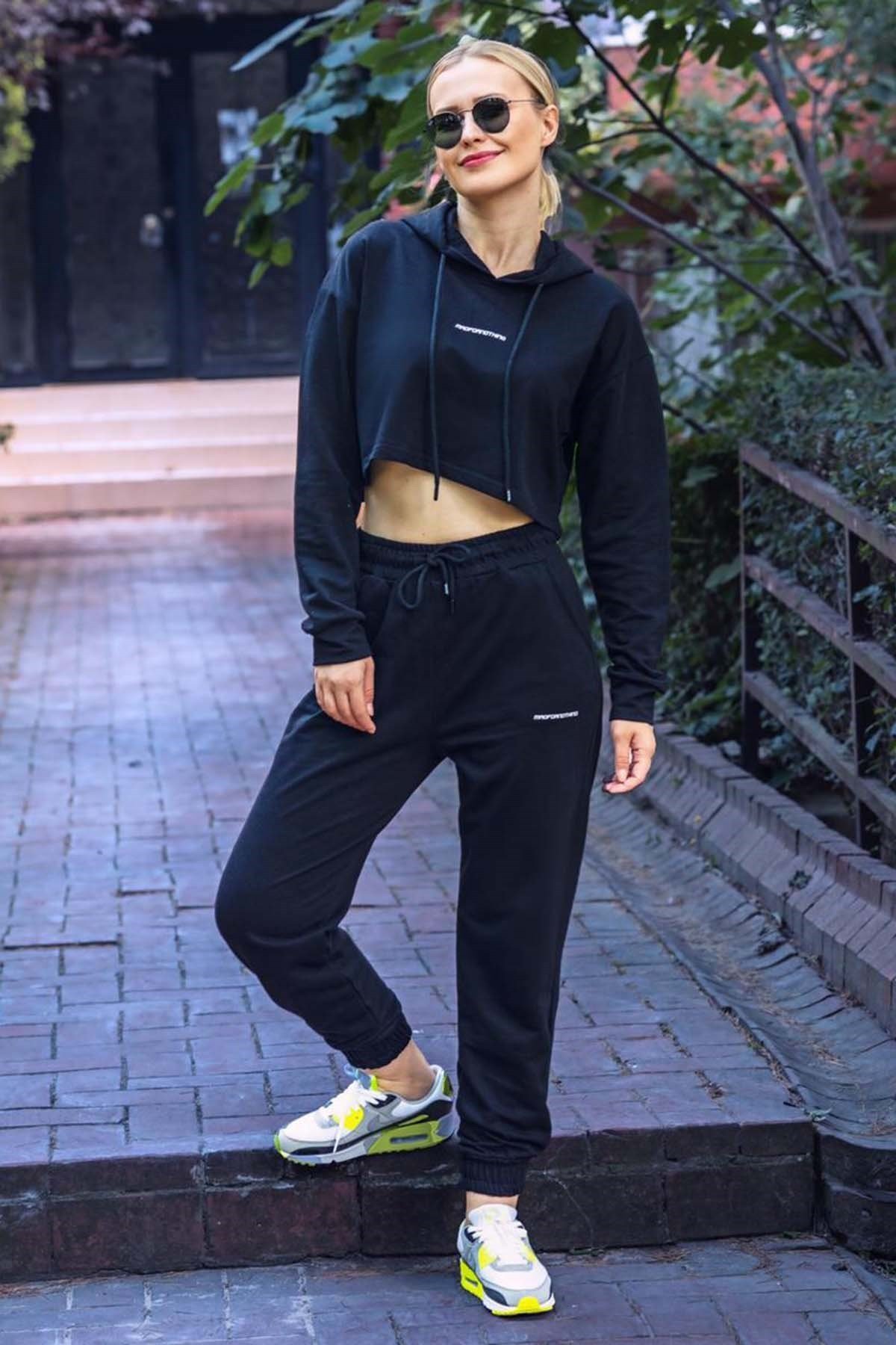 Mad Girls Siyah Kapüşonlu Kadın Eşofman Takımı MG465-3