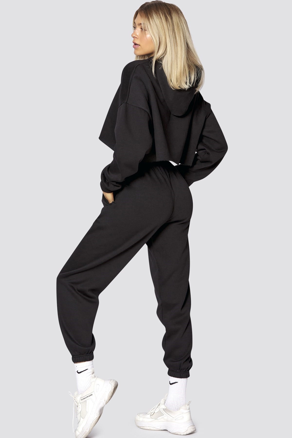 Mad Girls Black Hooded Women Tracksuit Set MG467