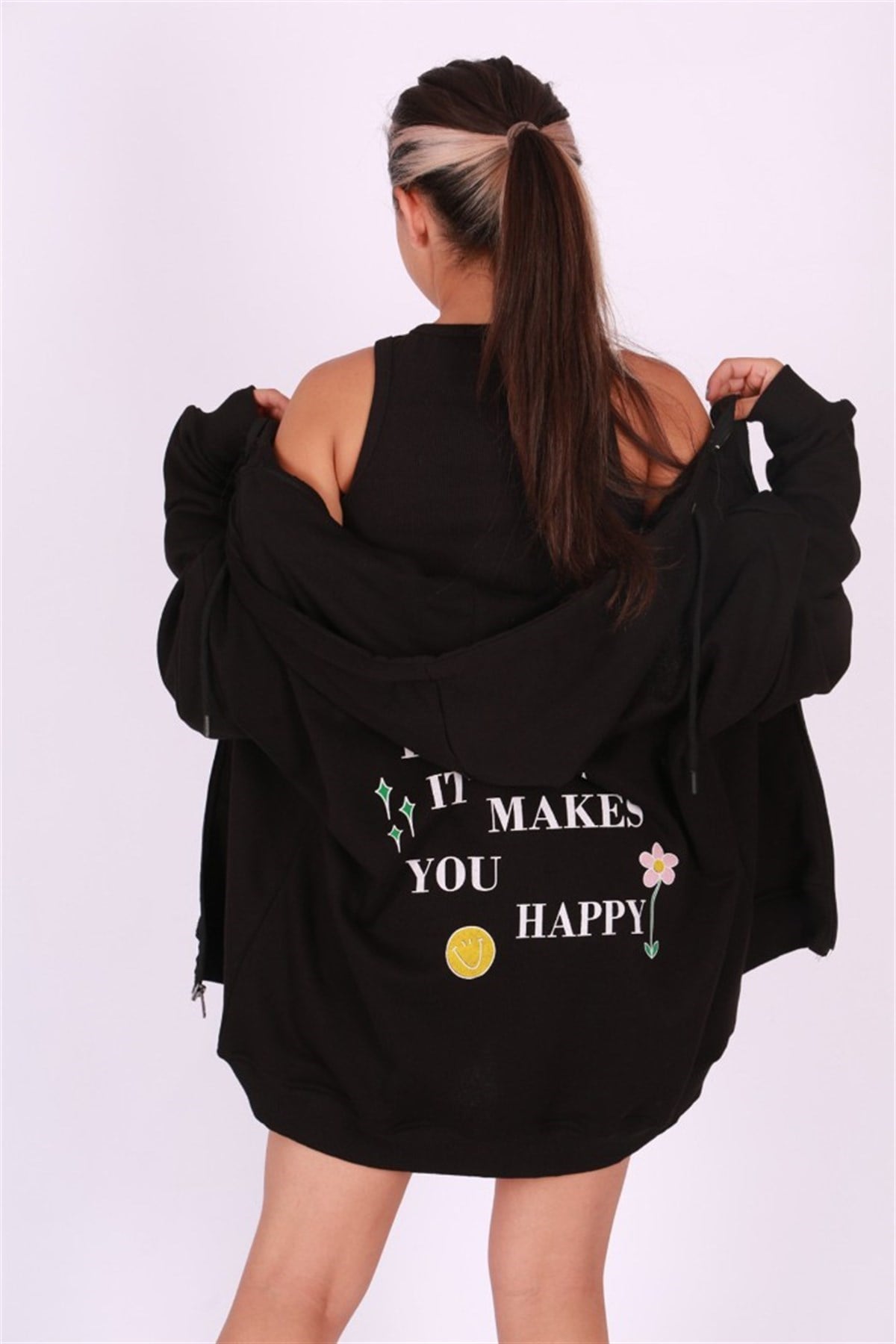 Mad Girls Siyah Kapüşonlu Sırt Baskılı Sweatshirt MG1195