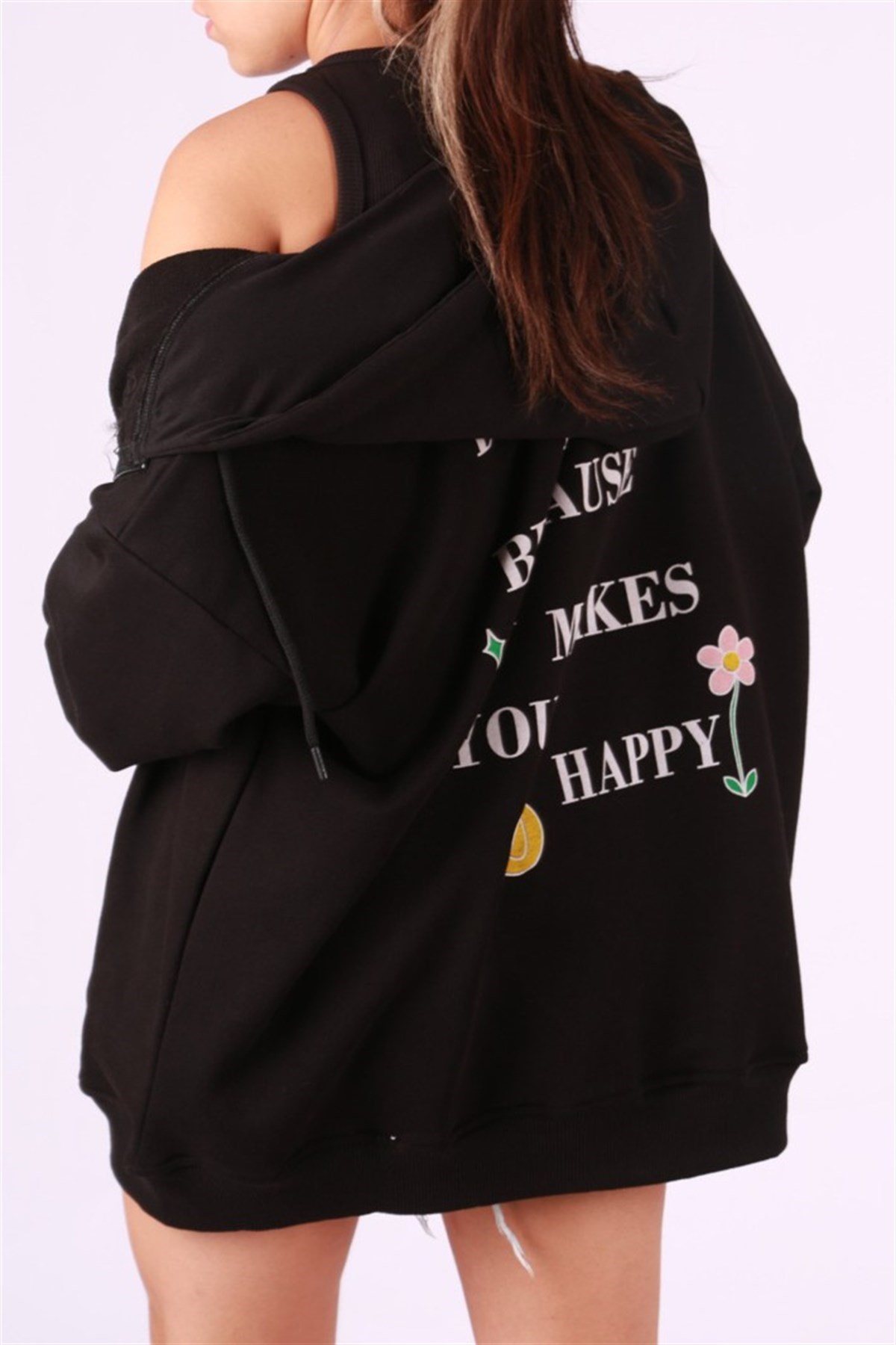 Mad Girls Siyah Kapüşonlu Sırt Baskılı Sweatshirt MG1195
