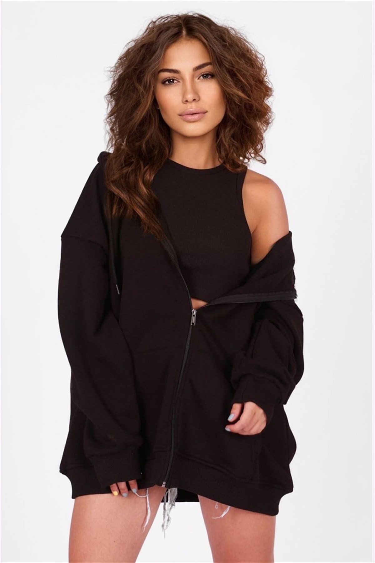Mad Girls Siyah Kapüşonlu Sırt Baskılı Sweatshirt MG1195