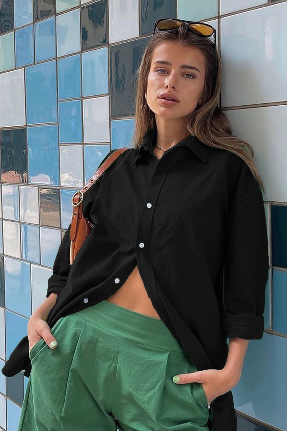 Mad Girls Siyah Oversize Keten Gömlek MG1369