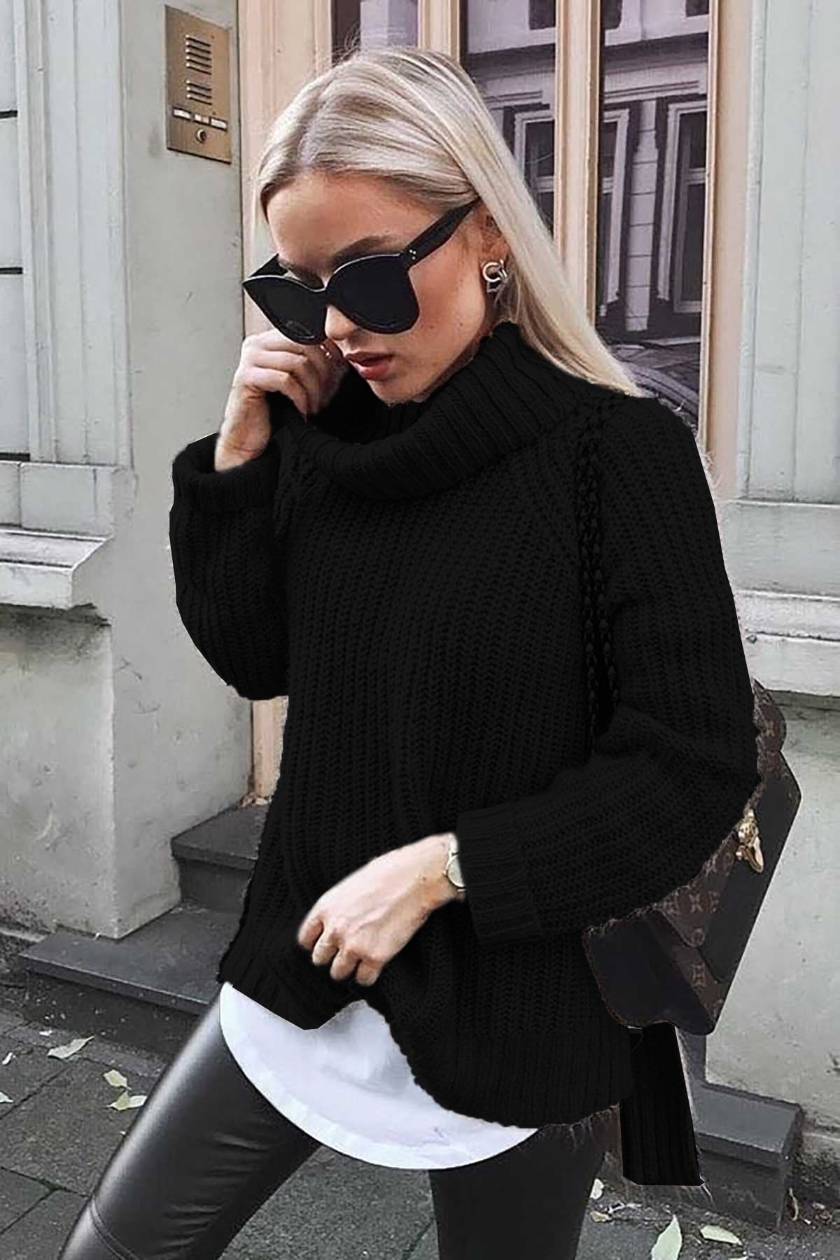 Mad Girls Siyah Oversize Yırtmaçlı Kadın Kazak MG760