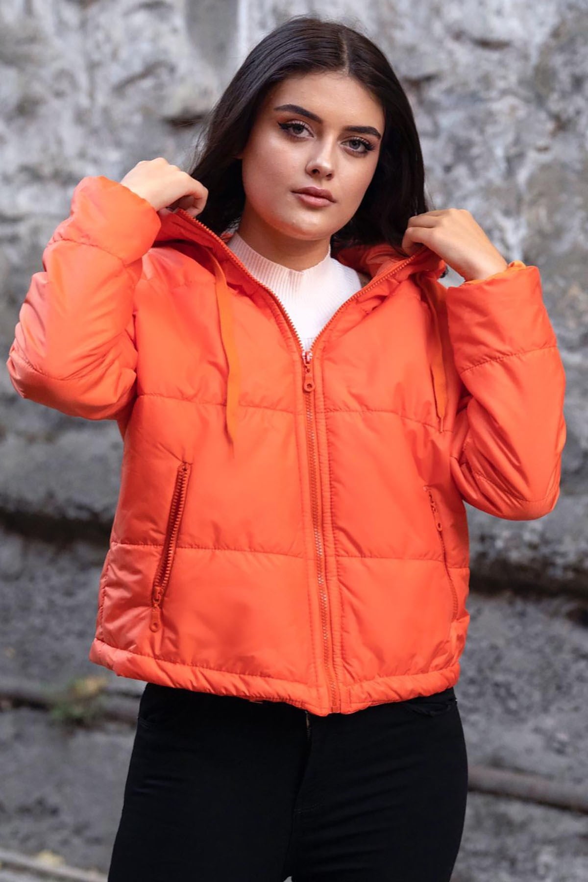 Mad Girls Orange Hooded Zip-Down Women Jacket MG712